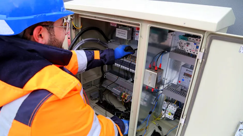 Engineer in safety gear working on an outdoor electrical panel, ensuring system functionality.