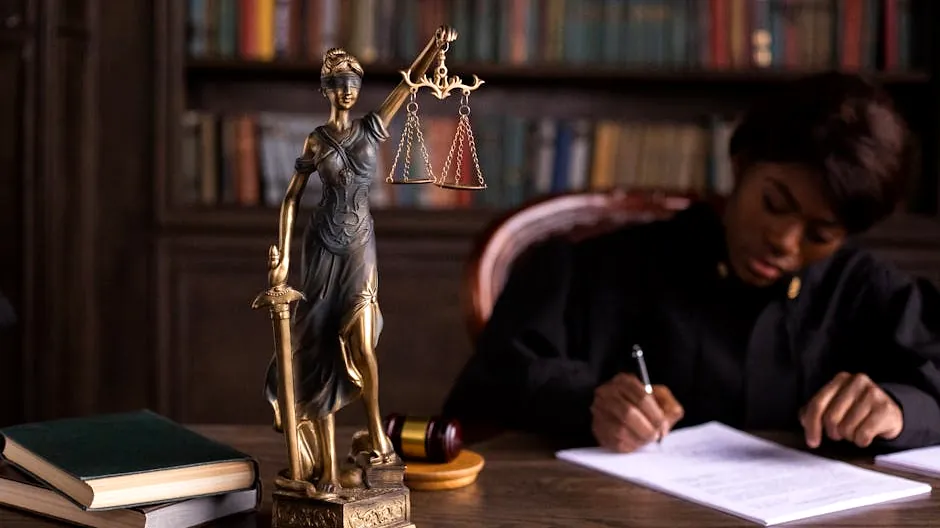 A focused judge writing on documents beside a Lady Justice statue in an office.