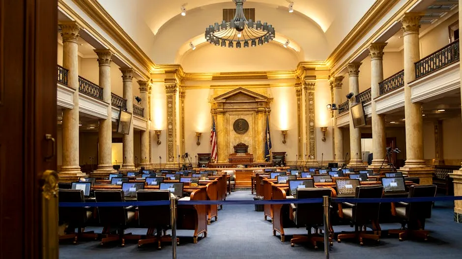 A grand government chamber with elegant columns and seating. Perfect for politics or architecture themes.
