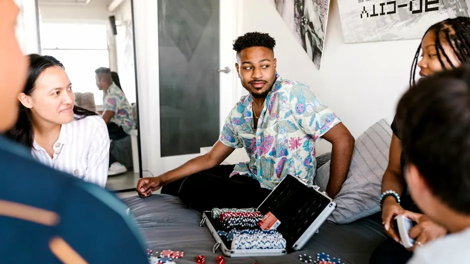 A group of friends playing poker in a cozy room, showcasing diversity and enjoyment.