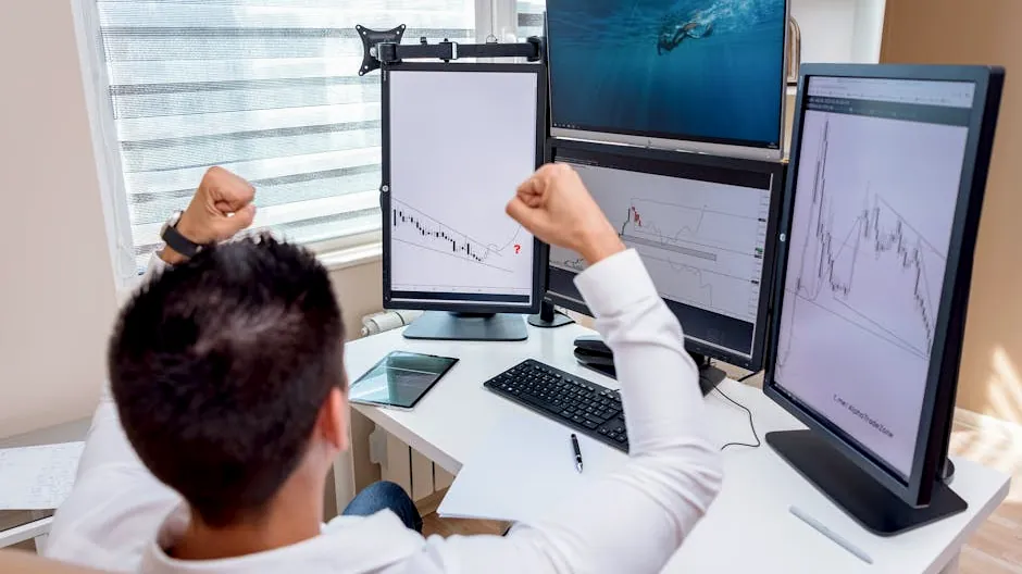 A man celebrates in front of multiple computer monitors displaying stock market graphs, indicating trading success.