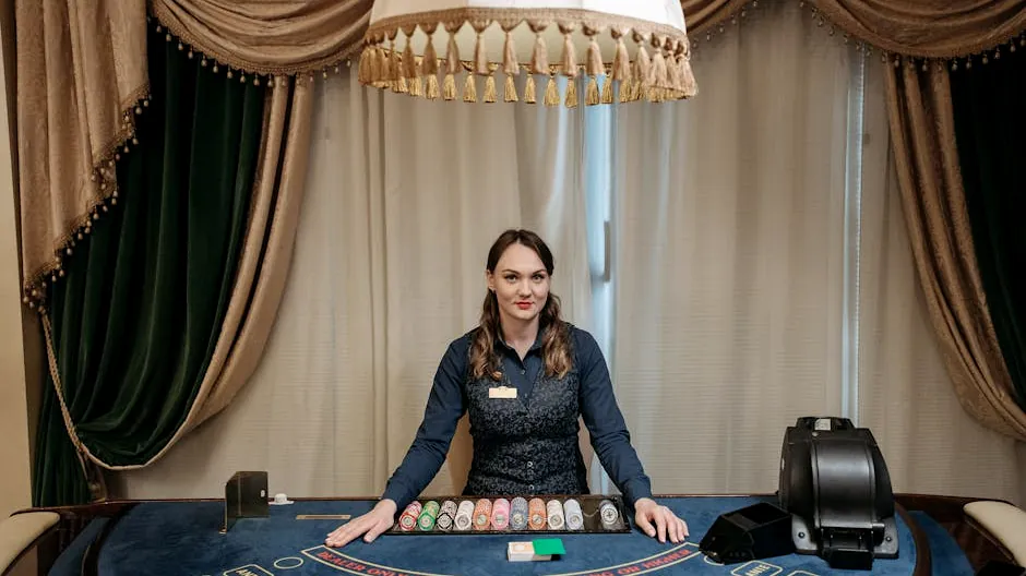 A smiling female casino dealer at a gaming table surrounded by chips and cards indoors.