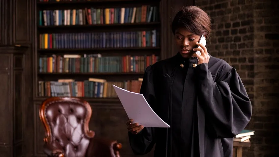 African American judge in traditional robes holds a document and talks on the phone in a law library.