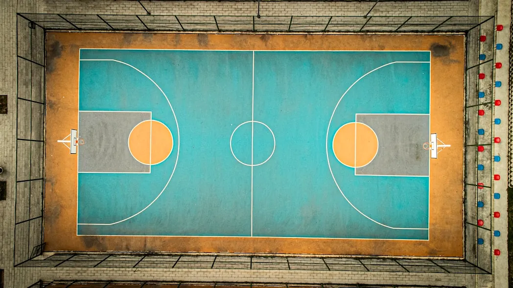 An overhead view of a basketball court.