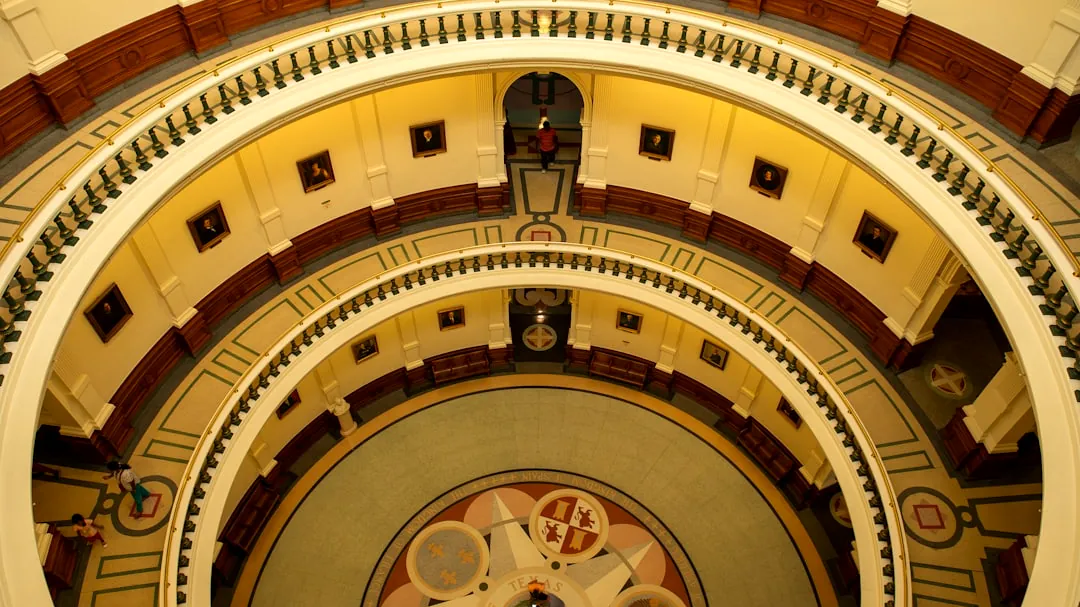an overhead view of a clock in a building