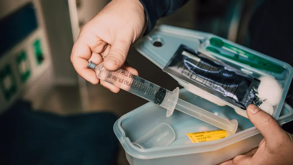 Close-up of a hand holding a syringe from a medical kit with various supplies.