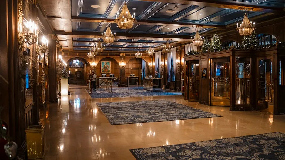 Elegant hotel lobby with chandeliers and blue accents in Québec City, Canada.