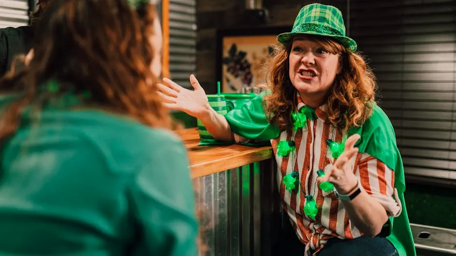 Friends enjoy a lively St. Patrick's Day celebration indoors at a cozy bar, dressed in green attire.
