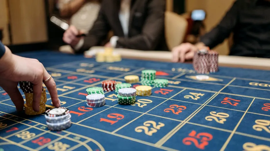Hands placing betting chips on a roulette table in an upscale casino setting.