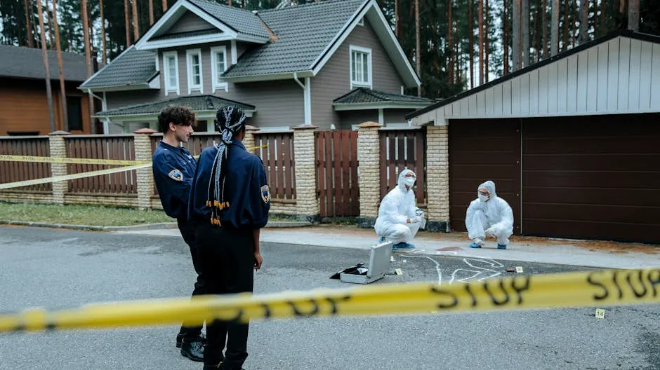 Police and forensic experts examining a crime scene in front of suburban houses.