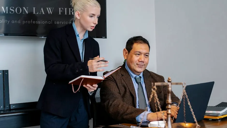 Two lawyers collaborating on a case in a law office setting.