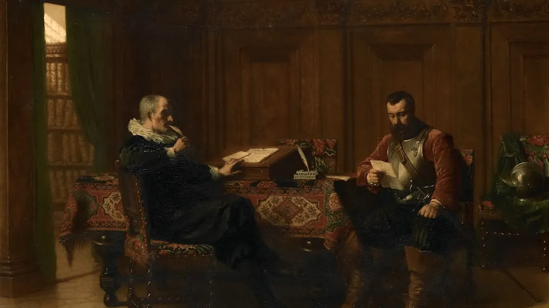 Two men in a study with books and a desk.