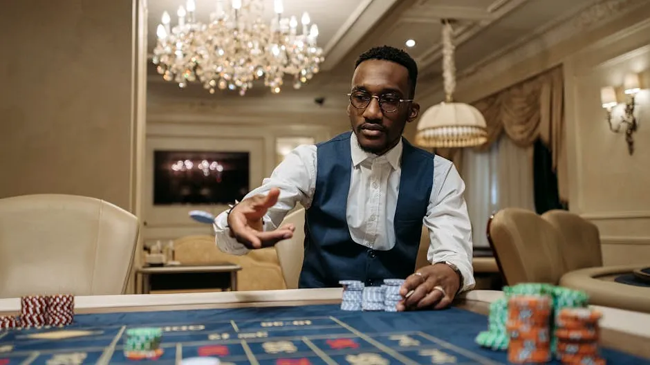 A man in formal attire plays roulette in a luxurious casino under a chandelier.