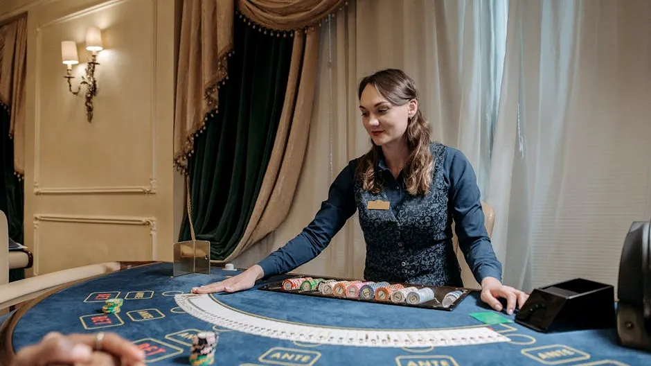 Casino dealer managing cards and chips in an elegant gambling setting.