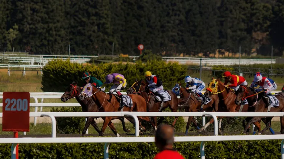 Jockeys racing horses on a sunny day at the track, capturing intense competition and speed.