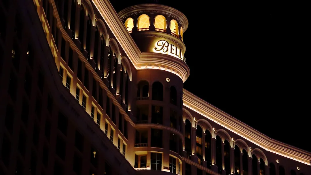 Luxurious hotel building illuminated at night