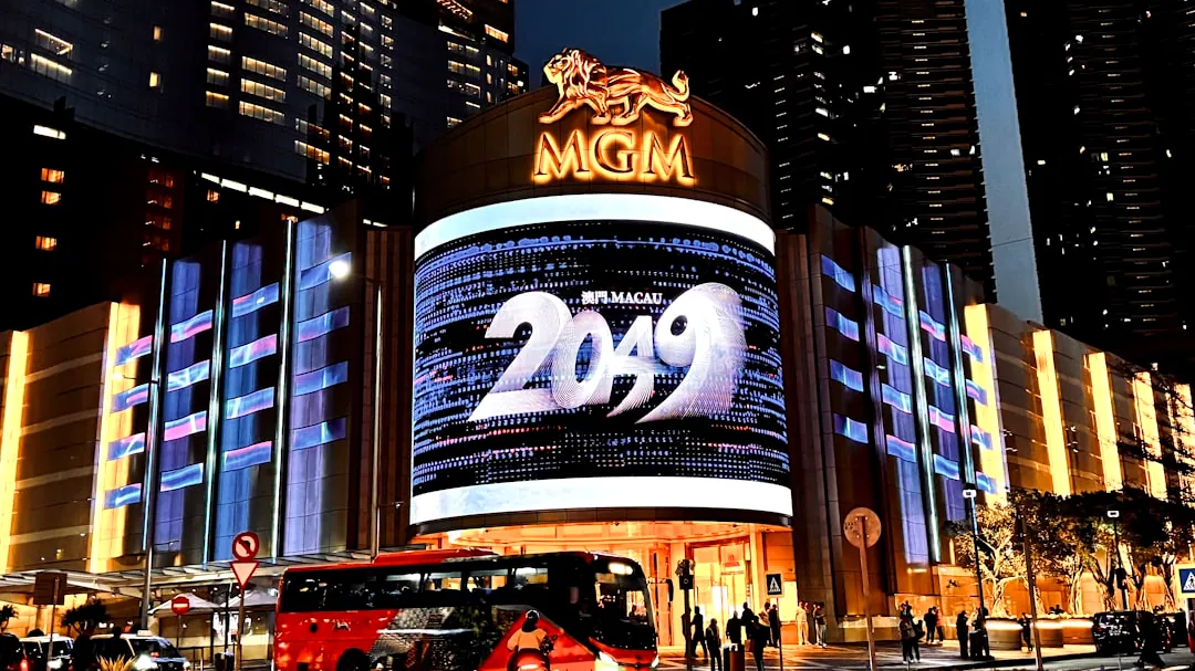 Mgm building with digital display at night