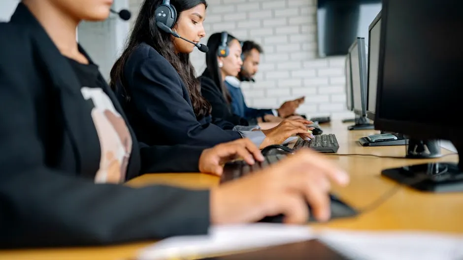 Team of professionals working in a call center with headsets and computers.