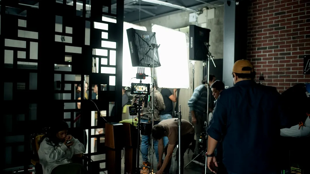 A film crew prepares for a shoot on set.