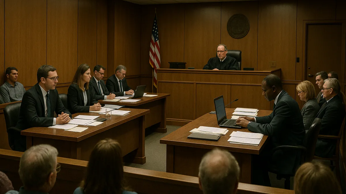 A judge presiding at the bench with attorneys and state officials seated at tables, and observers visible in the courtroom gallery.