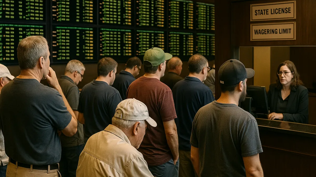 Several bettors standing at a sportsbook terminal, viewing large digital odds screens above a staffed cashier counter inside a casino.